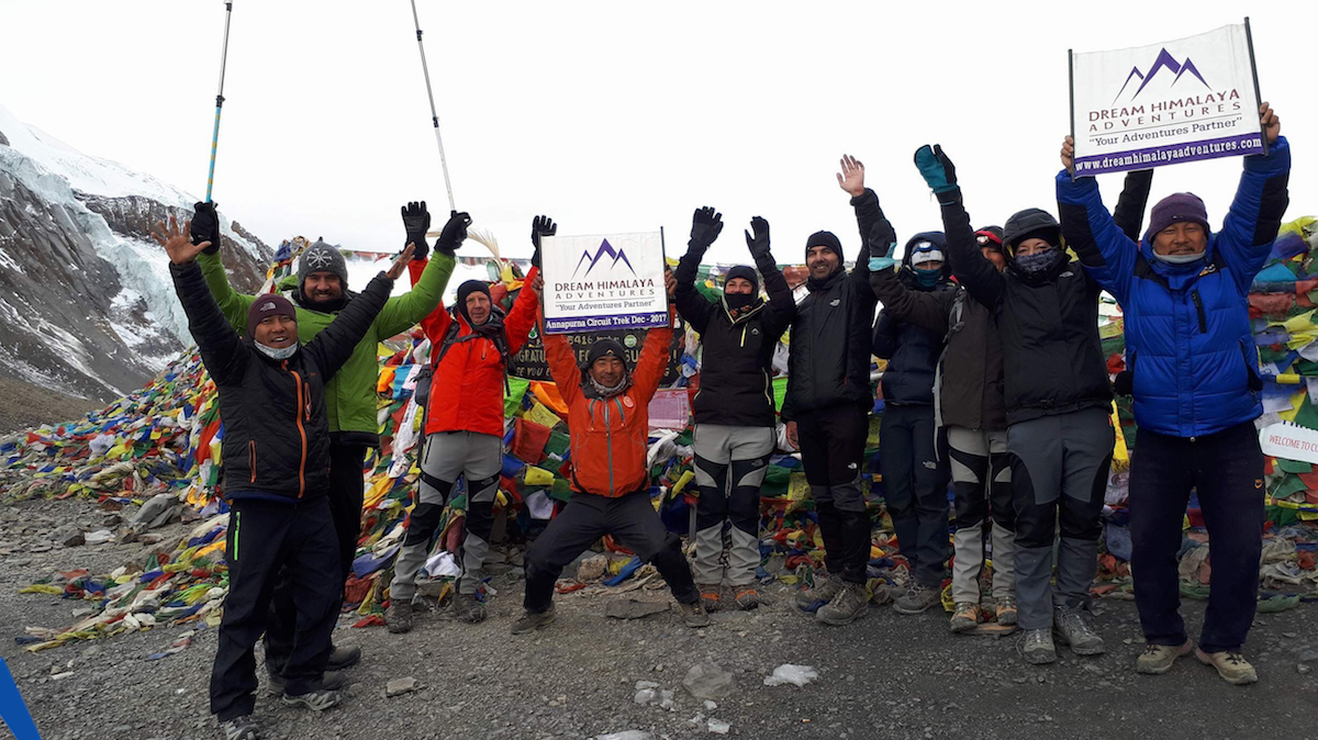 Dream Himalaya Adventures trekkers on the summit of Thorang La Pass